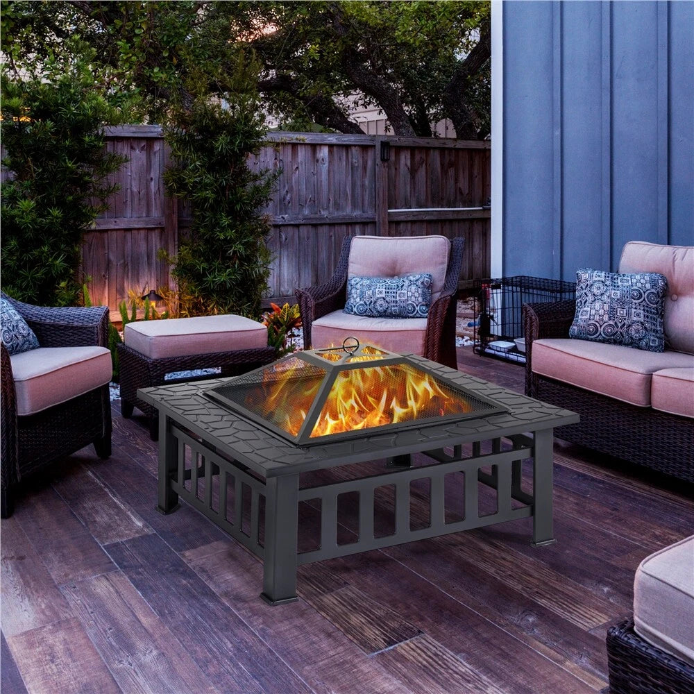 Yaheetech Outdoor Feuerschale quadratisch - ausgestattet mit Funkenschutz und Schürhaken und wasserdichter Abdeckung - für Garten und Terrasse - schwarzes Metall - 81,2 x 81,2 x 50 cm