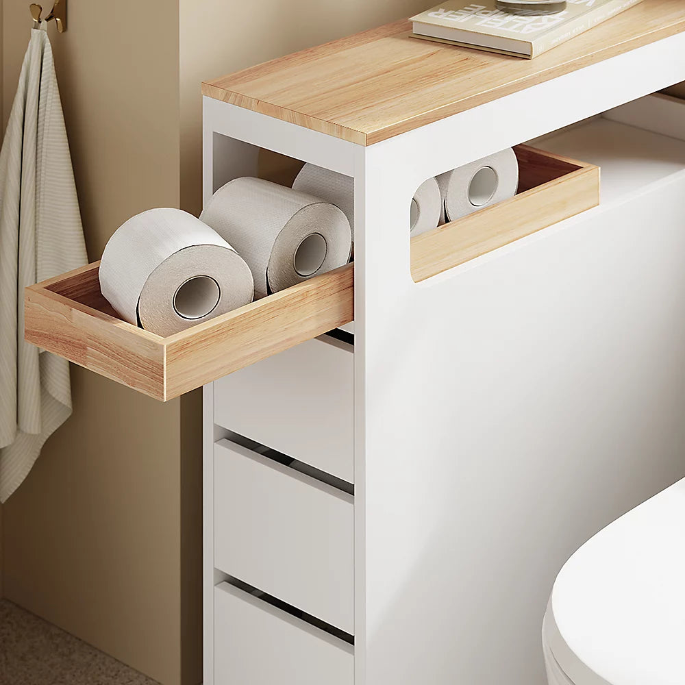 SoBuy - BZR54-II-W Slim Freistehender Badezimmerschrank - 65 x 23 x 82 cm - Ausgestattet mit 3 Schubladen und 4 Rädern und beweglicher Trennwand - Für Badezimmer und Gästetoilette - Weißes MDF und Rubberwood