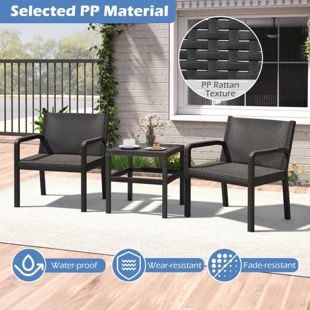 Coast Balkonset Schwarz - 3-teiliges Gartenmöbelset in Rattanoptik mit 2 Stühlen und Tisch - Tisch 50 x 50 x 52,5 cm