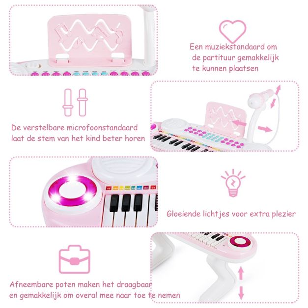 Elektrisches Keyboard mit 37 Tasten für Kinder - Spielzeugklavier mit Mikrofon, Rhythmuslicht und abnehmbaren Füßen - Pink