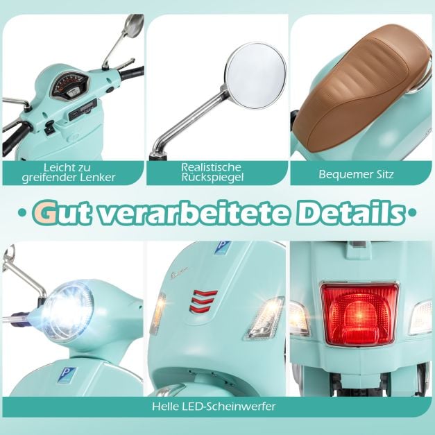 Coast Elektro-Kindermotorrad Grün - Vespa-Scooter mit LED-Licht und Hupe - 75 x 46 x 101 cm