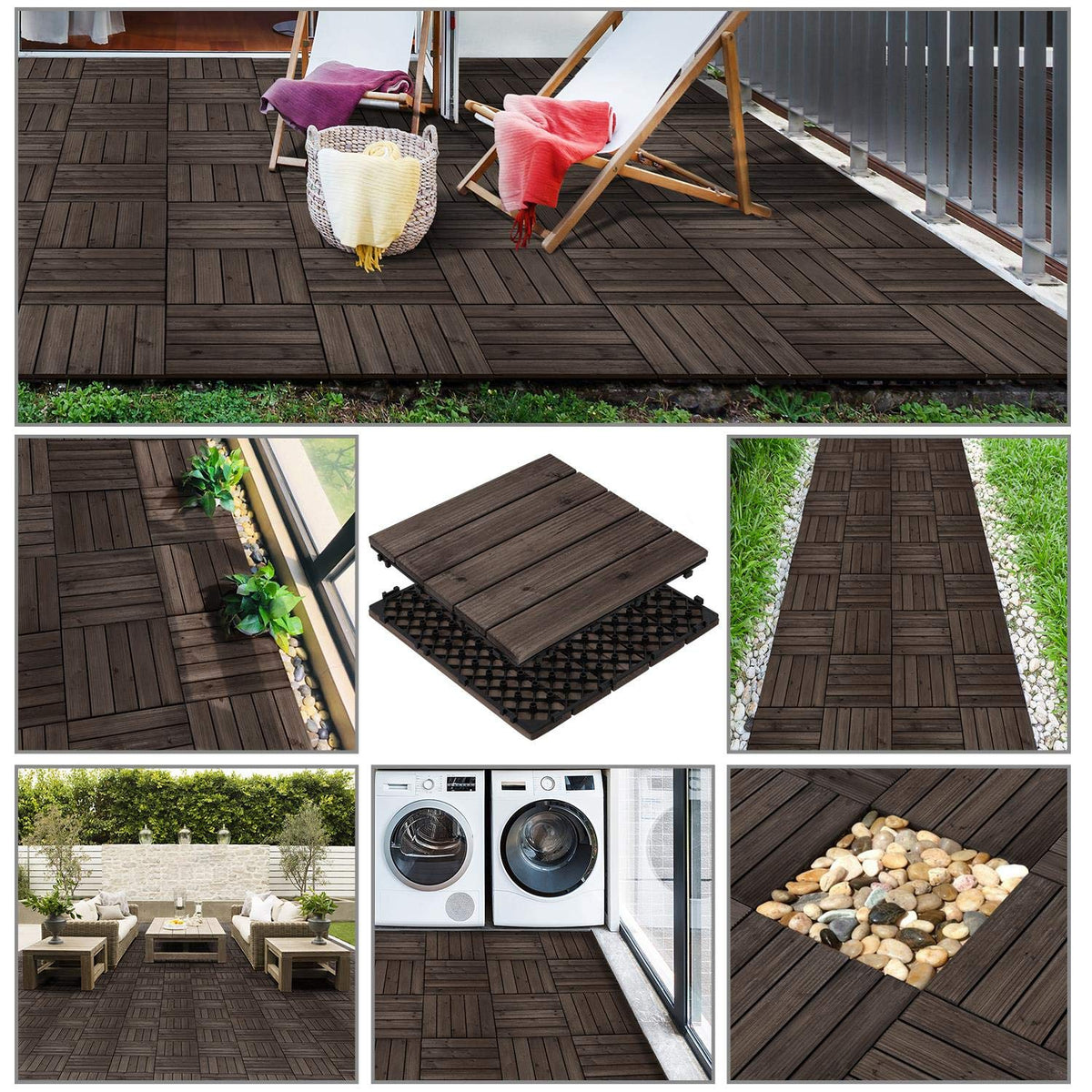 Yaheetech Terrassenfliesen aus Holz 30 x 30 cm – 27 Stück – 2,6 m² – Schwarz