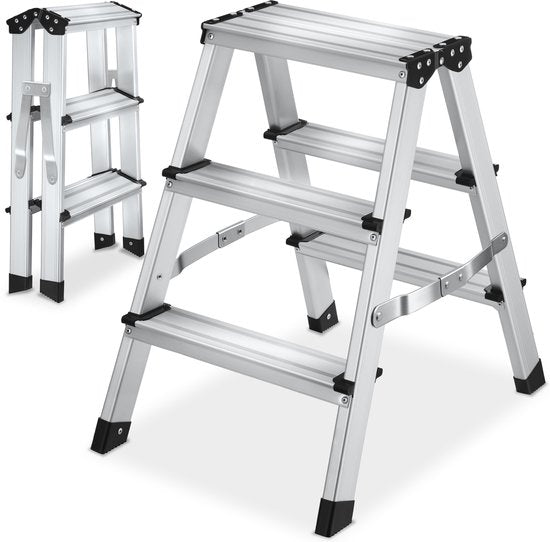 tectake® Doppelseitige Aluminium-Küchenleiter – 3 Sprossen – 58 cm – Stabile Leiter – Zusammenklappbare Trittleiter – Rutschfeste Haushaltsleiter