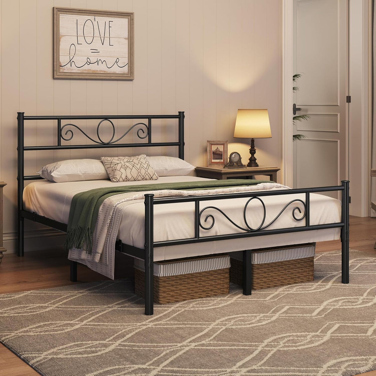 Yaheetech Doppelbett aus Metall 140 x 200 cm – Schwarzes Bettgestell – Mit Lattenrost