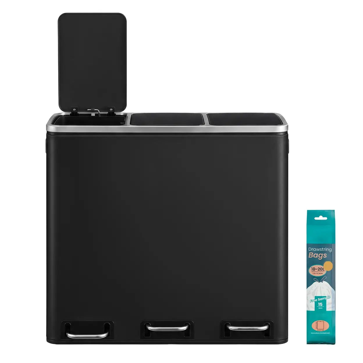 Joyfurnos Dreifach-Treteimer – Schwarz – 3 x 18 Liter – Softclose-Deckel – Stahl – 61 x 31,5 x 55,5 cm