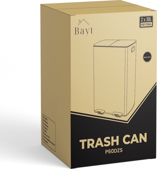 Bayt Mülleimer - Mülleimer 60 Liter (2x30) - Mülleimer 60 Liter - Treteimer 60 Liter - Mülleimer Mülltrennung - Mülleimer 2 Fächer - Mülleimer - Edelstahl - Schwarz/Silber