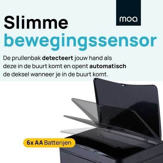 MOA Prullenbak met Sensor - 50 liter - Afvalbak - Vuilnisbak RVS & duurzaam ABS - Non-slip - Geruisloze deksel - Vertraagd sluiten modus - Zwart - SB02B