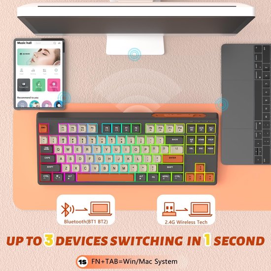 M87 Wireless RGB Gaming Keyboard - 87 Tasten - BT5.0/2.4G - PBT Ball Keycaps - Shimmer