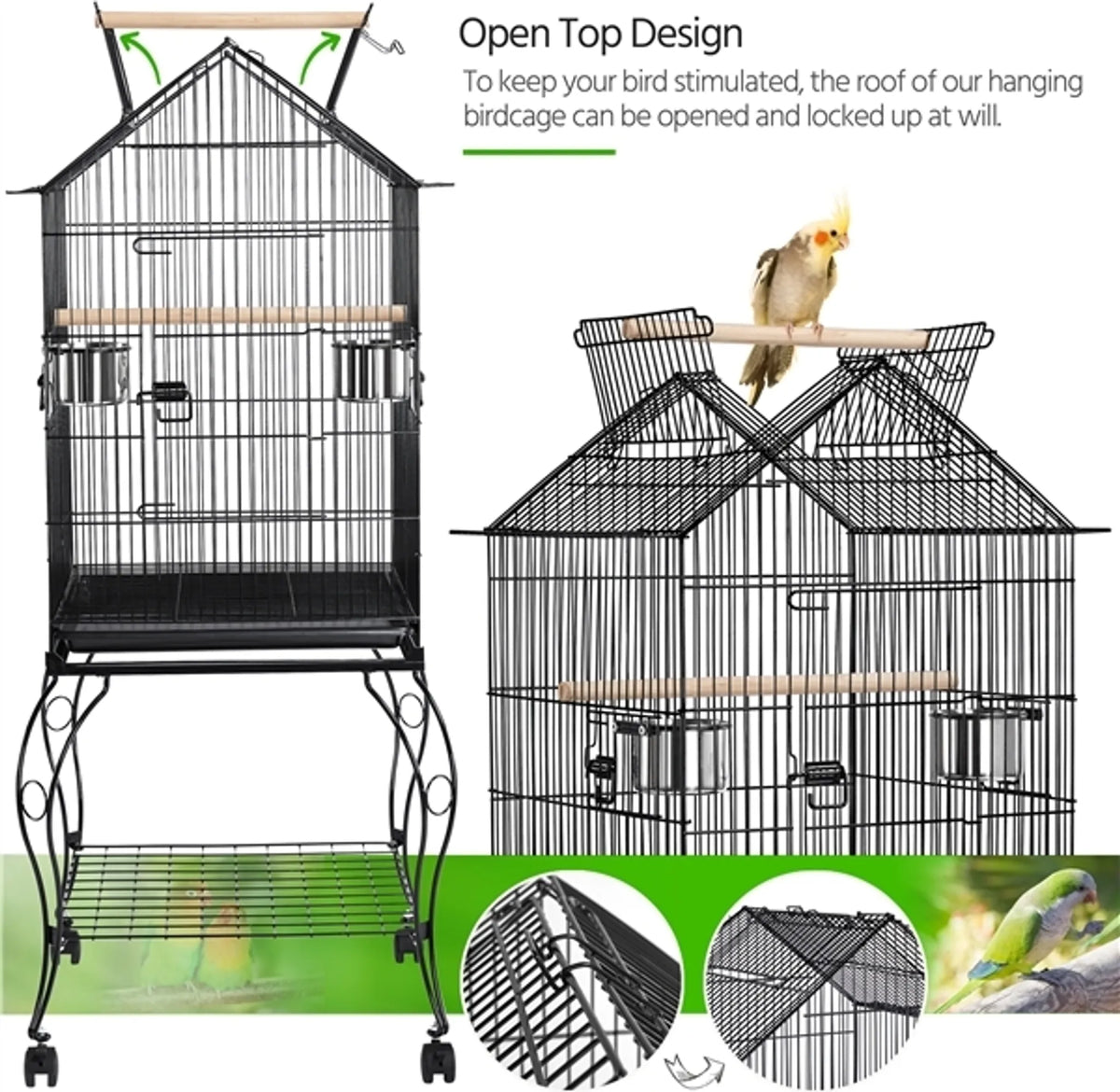 Yaheetech XXL-Vogelkäfig mit mobilem Sockel - 59,5 x 59,5 x 145 cm - mit Öffnung im Dach und abnehmbarem Boden und Ablagefach - für Sittiche und Kanarienvögel - schwarzes Metall und Holz