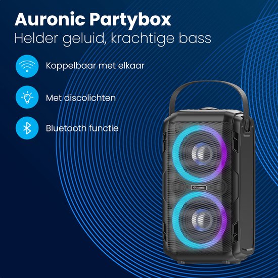 Auronic Partybox - Bluetooth - Party-Lautsprecher - Musikbox - Scheibenbeleuchtung - USB-, AUX- und SD-Kartenanschluss - Schwarz