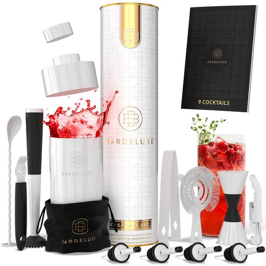 BarDeluxe® Cocktail Set - 12-teilig - Cocktail Shaker 750 ml - Edelstahl - Inklusive luxuriöser Geschenkbox - Aufbewahrungstasche & Rezeptbuch - Weiß