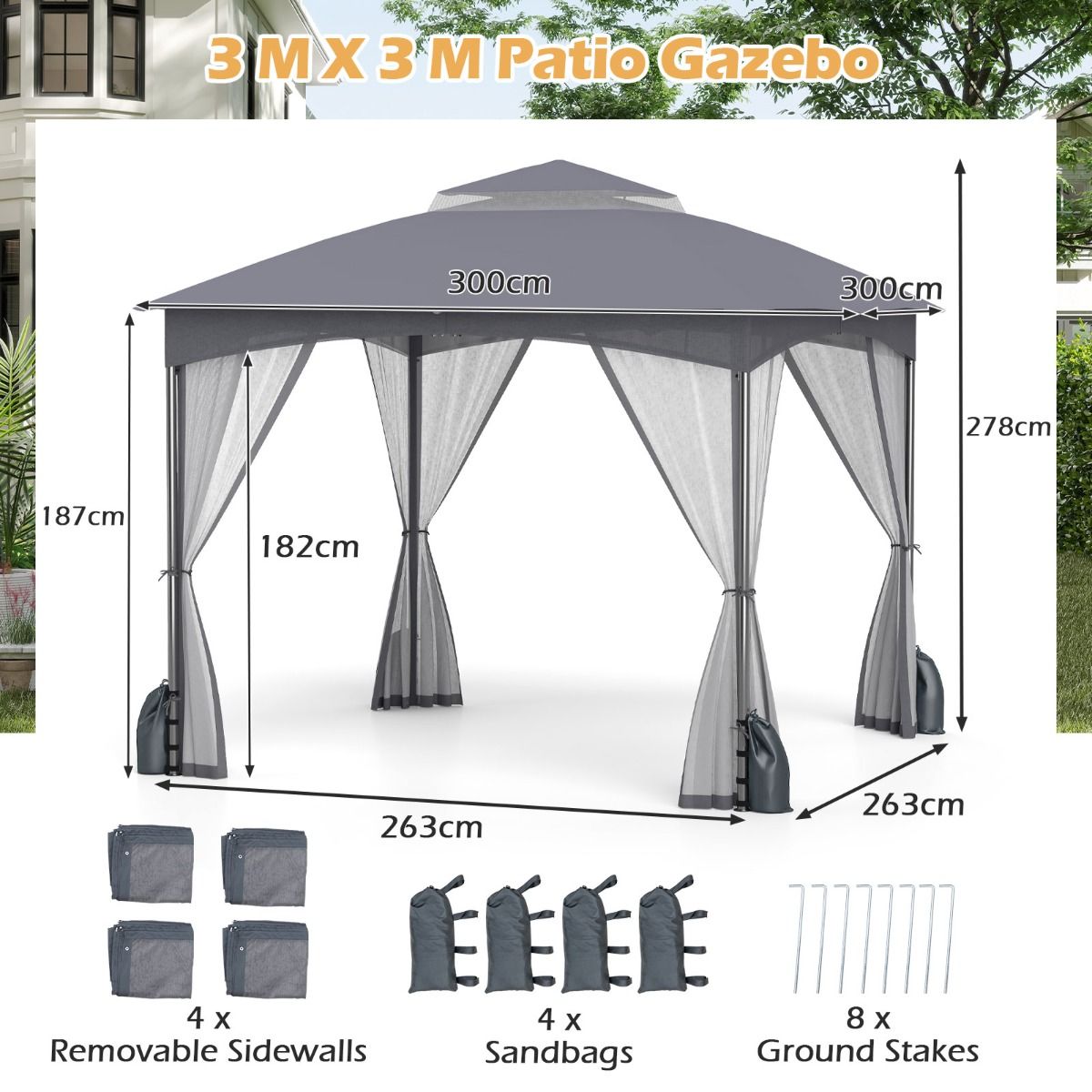 Coast Gartenpavillon – Doppeldach – Moskitonetz – 3 x 3 m – Khaki