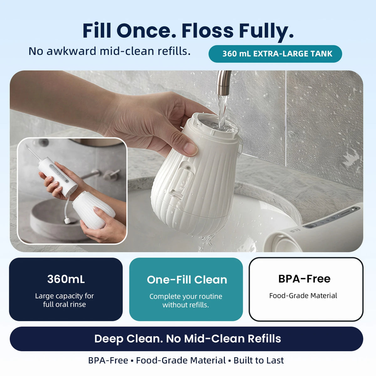 Bair Care Wasserzahnbürste M11 – Weiß – UV-Sterilisation – 360 ml Tank – 4 Einstellungen – 3 Aufsätze – IPX8 – USB-C