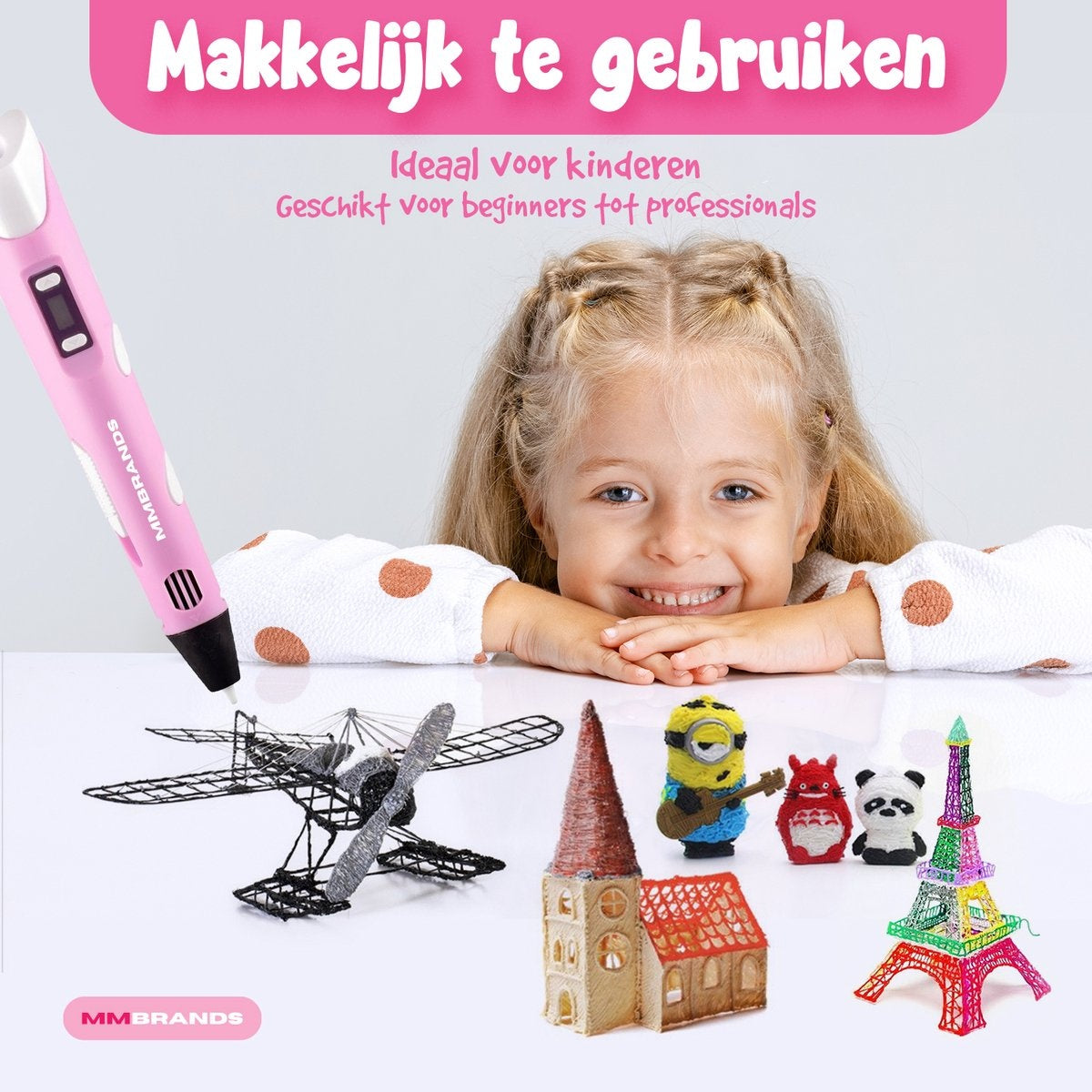 MM Brands 3D-Stift - 3 Meter lange Ladekabel - Rosa