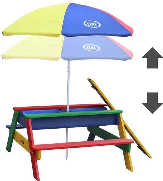AXI Nick Zand & Water Picknicktisch in Regenbogenfarben – Verstellbarer Sonnenschirm – FSC-zertifiziertes Holz – Picknicktisch aus Holz für Kinder
