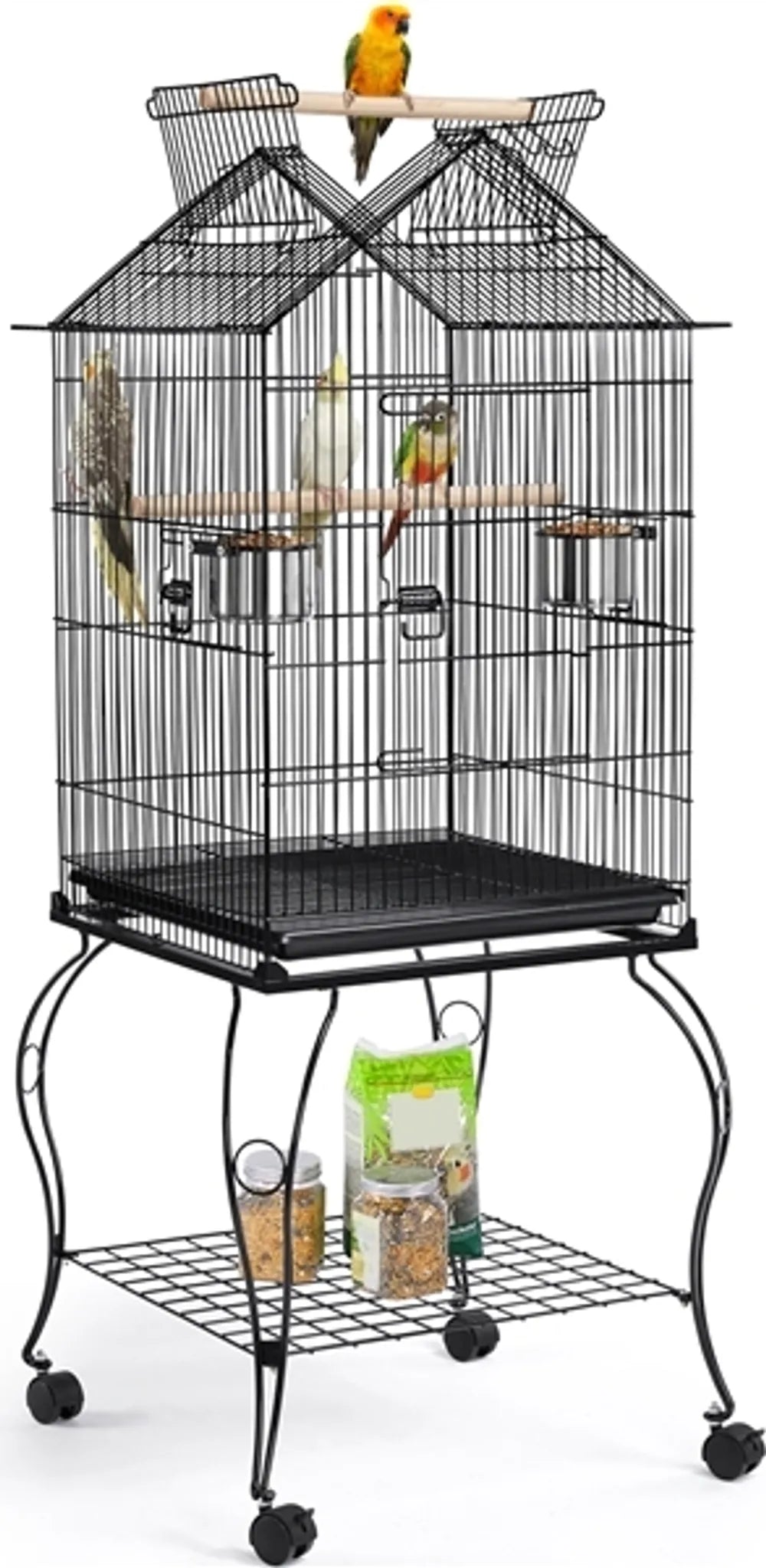 Yaheetech XXL-Vogelkäfig mit mobilem Sockel - 59,5 x 59,5 x 145 cm - mit Öffnung im Dach und abnehmbarem Boden und Ablagefach - für Sittiche und Kanarienvögel - schwarzes Metall und Holz