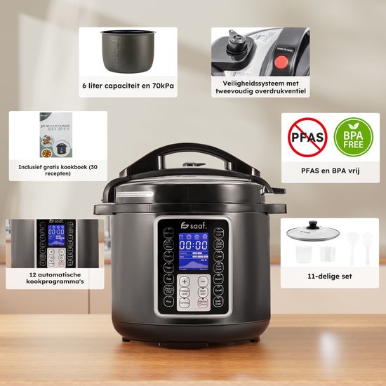 Multikocher - 11-teiliges Set - 6L - 12 automatische Programme - Langsamkocher, Reiskocher, Dampfgarer, Schnellkochtopf - Grau - von Saaf