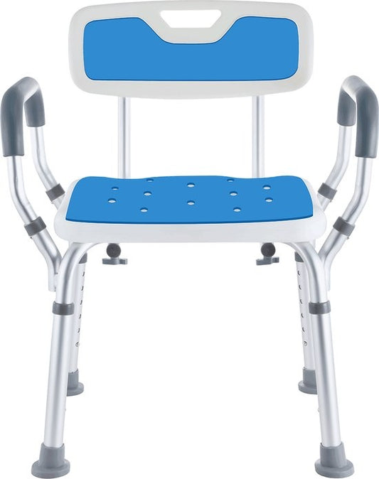 Safe Age - Duschstuhl - mit abnehmbarer Rückenlehne und Armlehne - rutschfest - höhenverstellbar - Duschhocker - Blau