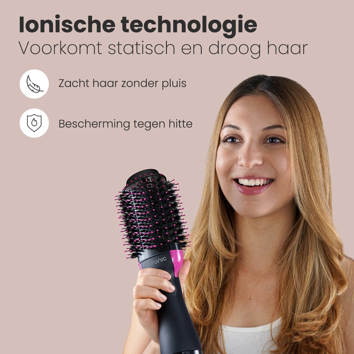 Auronic - 3-in-1 Haartrocknerbürste rund - Lang/Kurz/Style/Locken - Schwarz/Pink