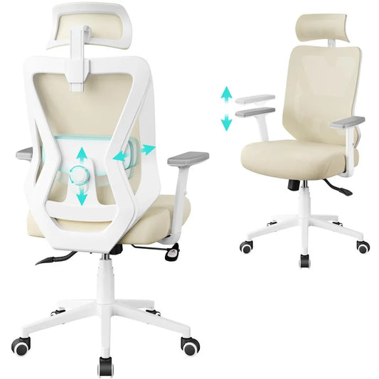 Yaheetech Ergonomischer Bürostuhl mit verstellbarer Kopfstütze und Lendenwirbelstütze – Beige – 70 x 59 x 115–125 cm