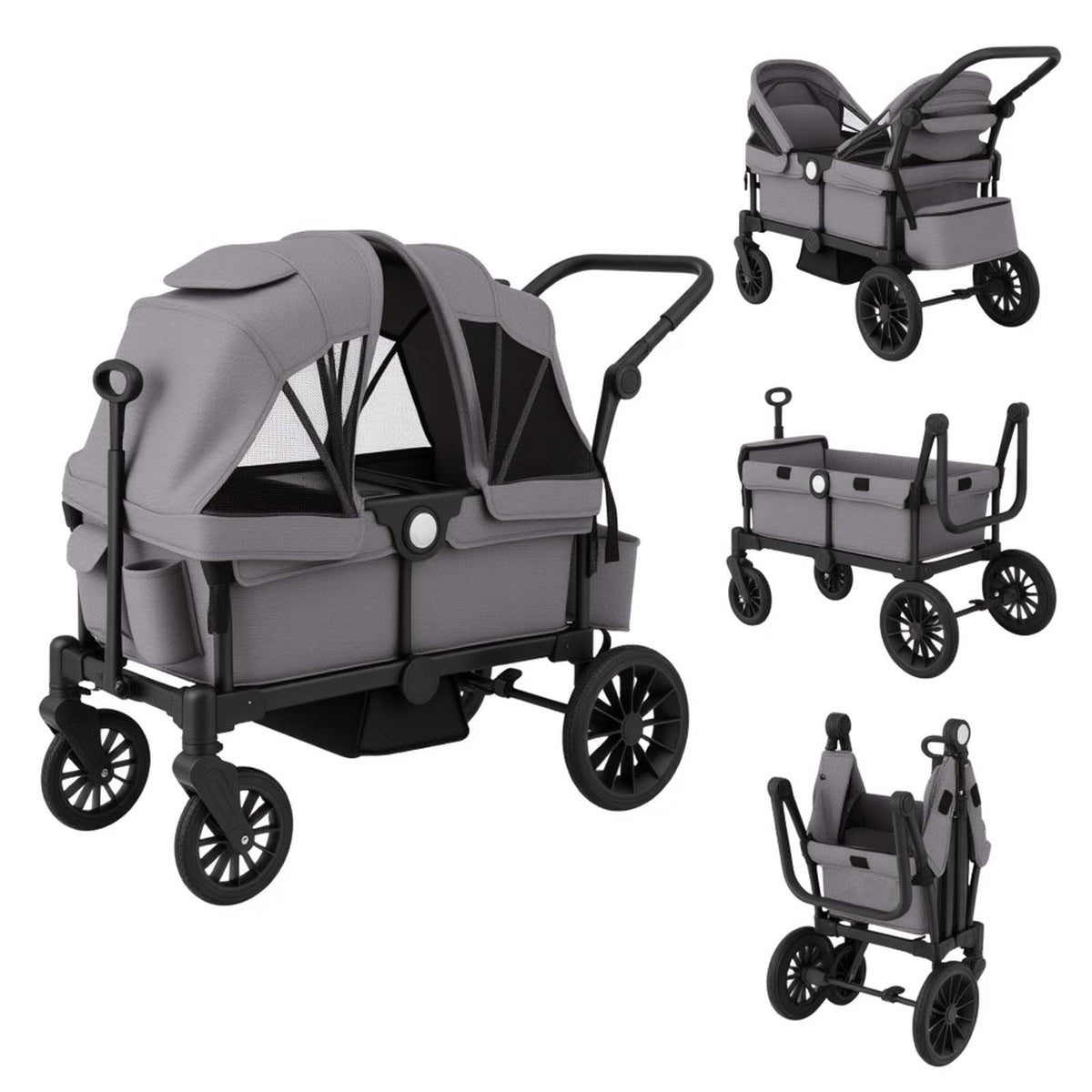 Coast 2-in-1 faltbarer Geschwisterwagen - Grau - 104 x 57 x 107 cm - Verstellbarer Griff & abnehmbares Verdeck