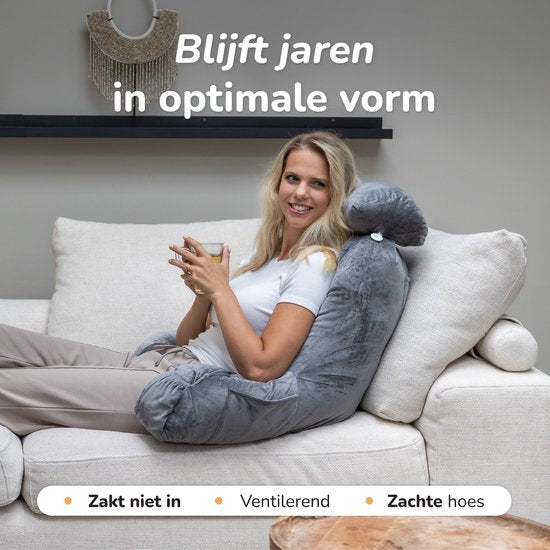 Soft & Silky Lesekissen fürs Bett - Gute Haltung - Mit 3 Ablagefächern - Für den unteren Rücken - Fürs Sofa - Grau