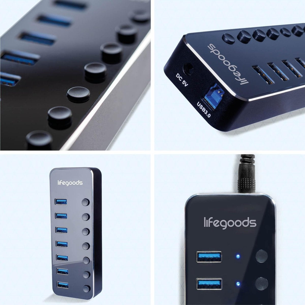 Auronic USB Hub 3.0 - USB Splitter mit 7 Ports - mit Netzteil - 5 GBPs - Led-Anzeige - Schwarz