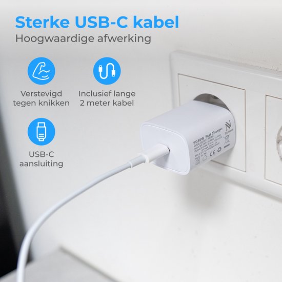 Nuvance USB-C-Adapter – 30-W-Schnellladegerät – inkl. 2 m langem 60-W-Kabel – USB-C – Ladegerät – USB-C auf USB-C – Ladekabel – Weiß