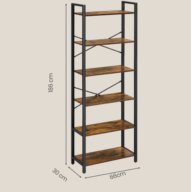 Joyfurnos Bücherregal mit 6 Ebenen – im Industrial-Stil – 30 x 66 x 186 cm – Greige/Schwarz