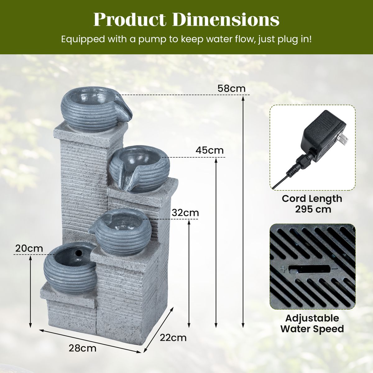 Coast Gartenbrunnen mit LED-Beleuchtung – Vierstufiger Wasserfall – Kunstharz und Glasfaser – Grau 28 x 22 x 58 cm