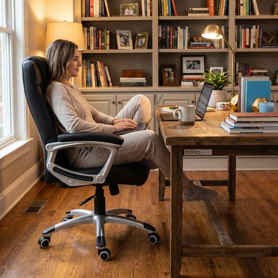 Monza Home® Bürostuhl Schwarz – Ergonomischer Bürostuhl – PU-Leder – Verstellbar – 150 kg Tragkraft – Luxuriöser Chefsessel