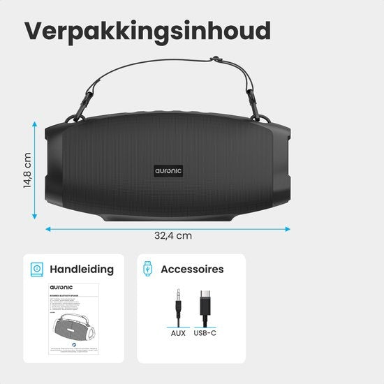 Auronic Boombox - Extra Bass - Bluetooth-Lautsprecher - Kabellos - USB-, AUX- und SD-Kartenanschluss - Schwarz