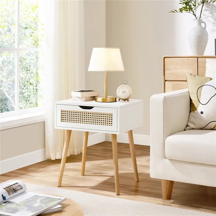 Yaheetech Nachttisch 48,5 x 40 x 57,5 cm – Rattan-Optik – 1 Schublade – Weiß