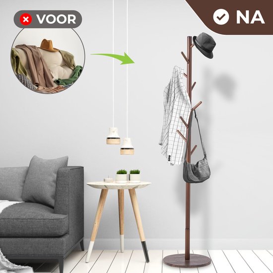 Bayt Garderobe - Stehende Garderobe - Garderobenständer Holz - Garderobenständer - 8 Haken - 175 cm - Braun