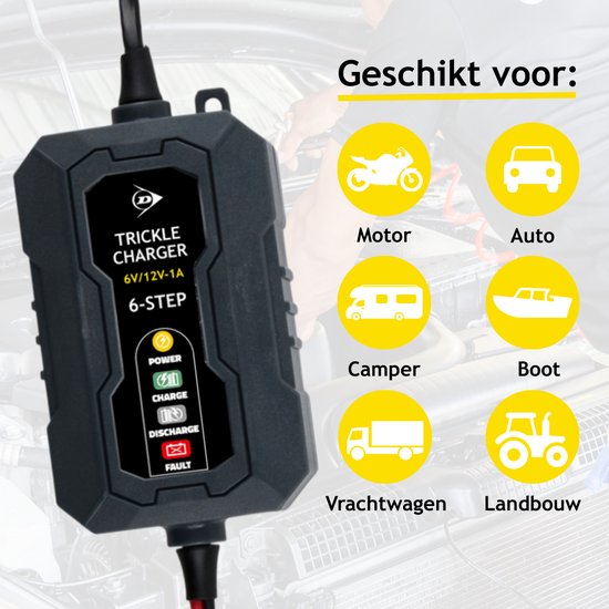Dunlop Erhaltungsladegerät 6/12 V 1 A – Autoladegerät mit 6-stufigem Ladezyklus – für Roller und Motorräder – kurzschlussgeschützt – Erhaltungsladegerät für Blei- und Gel-Batterien – schwarz