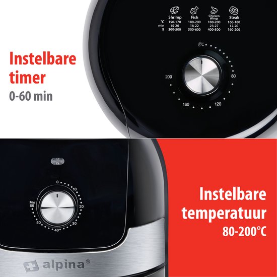 alpina Airfryer 3.5L - Heißluftfritteuse 2 bis 3 Personen - Heißluftfritteuse mit einstellbarer Temperatur von 80 bis 200°C - Heißluftofen Airfryer Timer bis zu 60 Minuten - 1400W - Schwarz