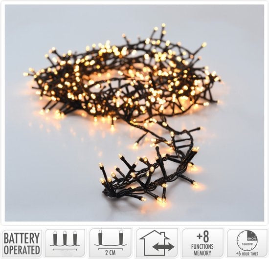Micro Cluster 200 led - 4m - extra warmweiß - Batterie - Lichtfunktionen - Speicher - Timer