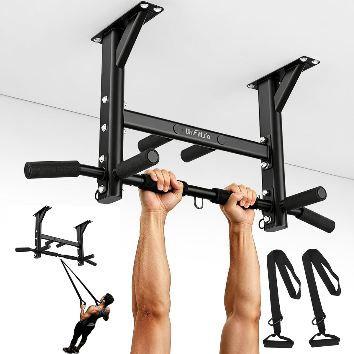 DH FitLife Decken-Klimmzugstange 4-in-1 – 8 Griffe – bis zu 300 kg – 44,5 x 25,5 cm – Schwarz