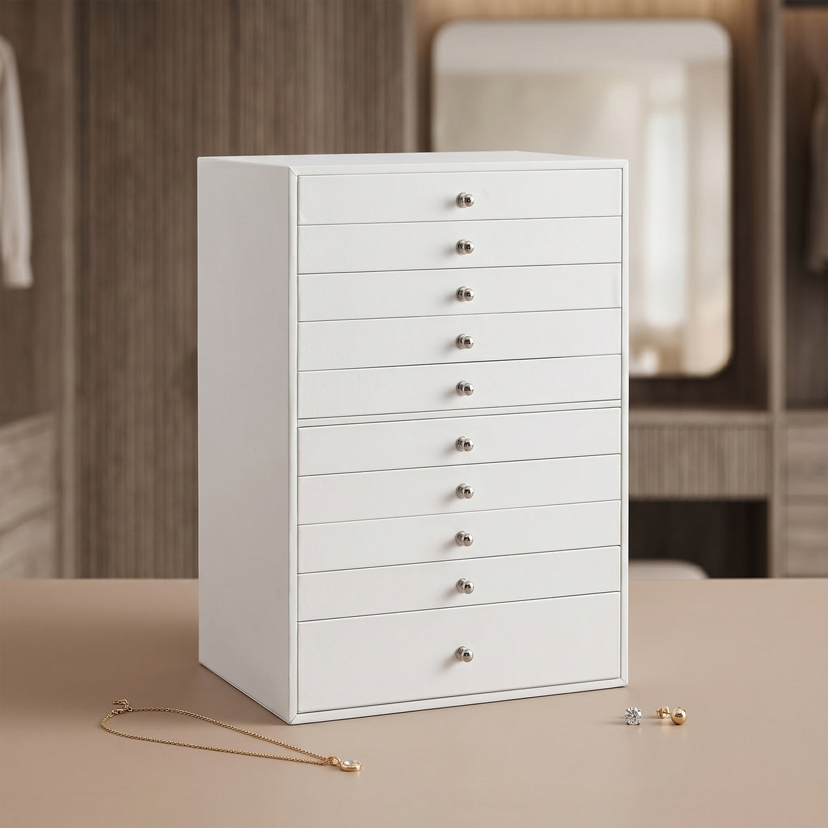 JOYFURNOS Schmuckorganizer mit Schubladen, große Aufbewahrungsbox, moderne Geschenkidee für das Schlafzimmer, 10 Ebenen, weiß