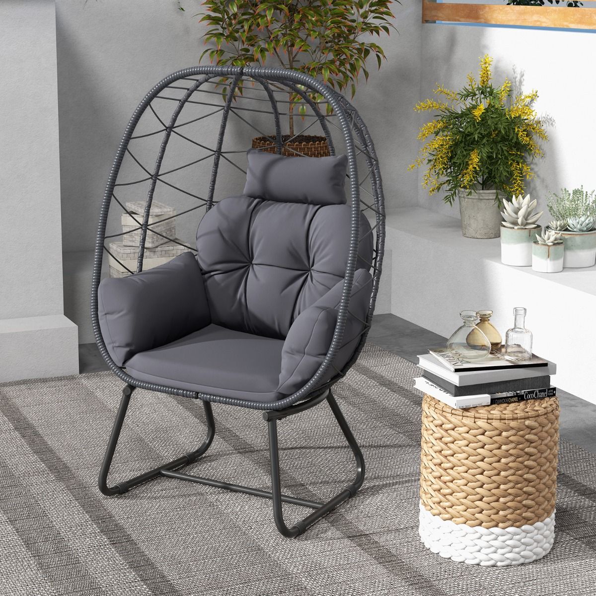 Coast Rotan-Lounge-Sessel – übergroße Eiform – abnehmbares Kissen – grau