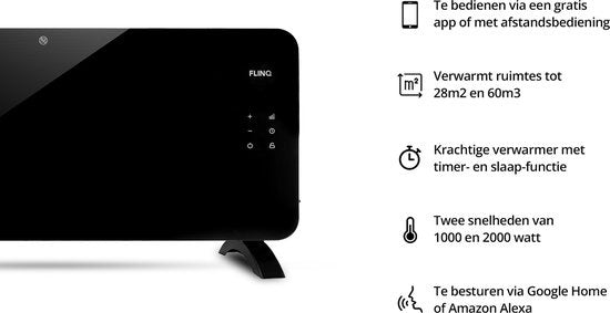 FlinQ Smart Panel Heater - Mit WiFi - Heizpaneel - Konvektorheizung - Tragbar - 2000W - Schwarz