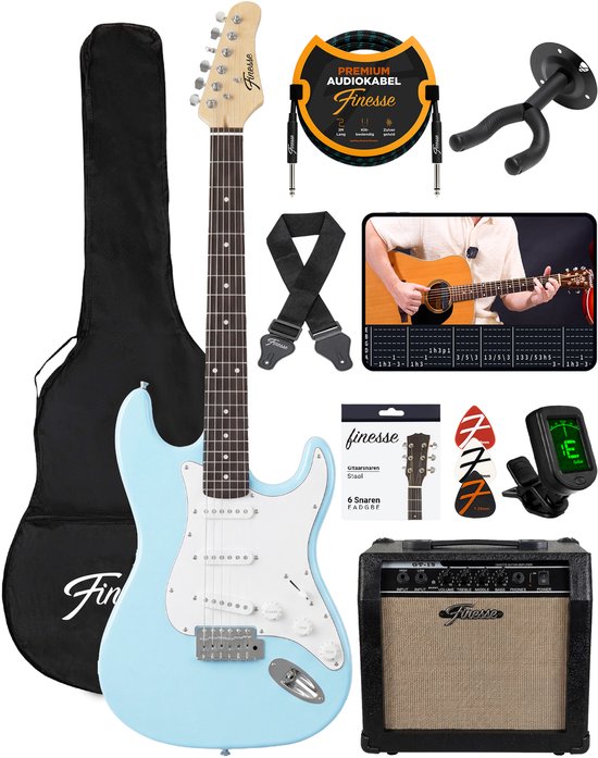 Finesse E-Gitarre mit Verstärker – inklusive Videokurs – Gitarre – Erwachsene – Kinder – Blau