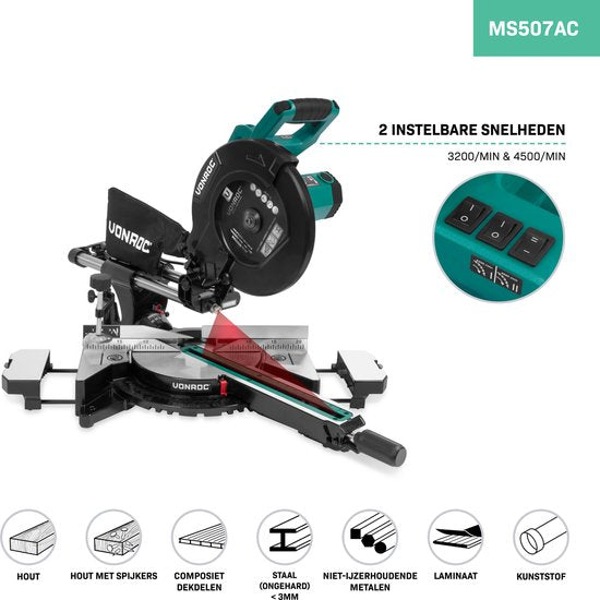 VONROC PRO Kappsäge - Fällsäge - Gehrungssäge - 2200W - Ø255mm - Schneidet Holz, Kunststoff und Metall - Regelbare Geschwindigkeit - Schnittkapazität 340mm - Verstellbare Tischverlängerung - Zugfunktion - Neigbar - Längenanschlag - Inkl. Sägeblatt, Laser