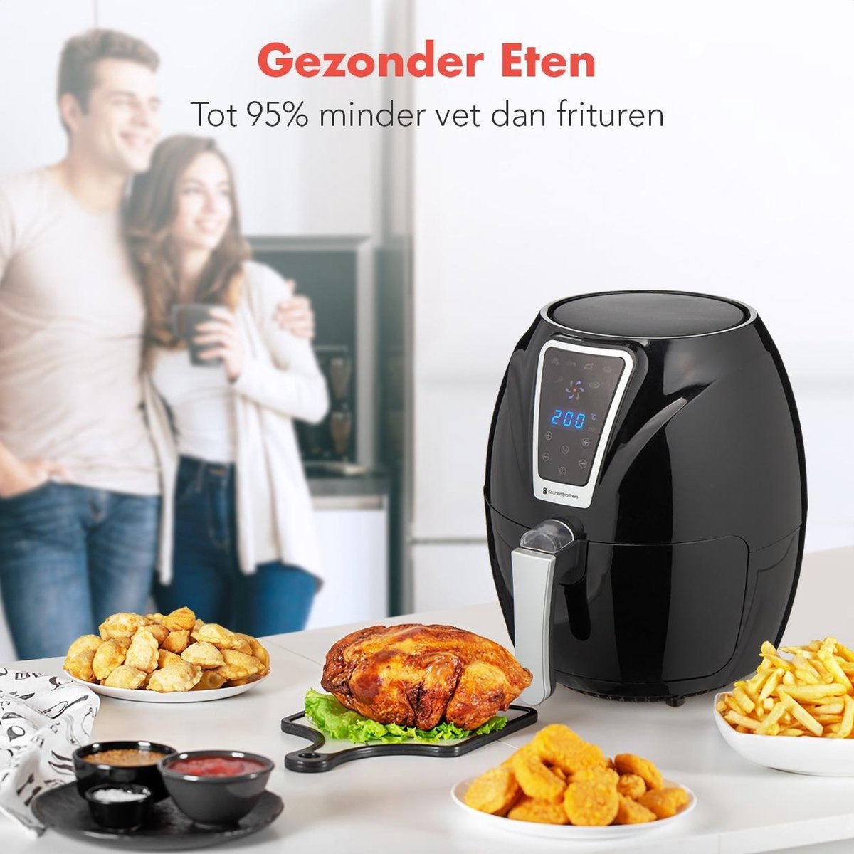 KitchenBrothers Heißluftfritteuse - Airfryer - Friteuse ohne Fett - 1300W - 3.5L - Schwarz