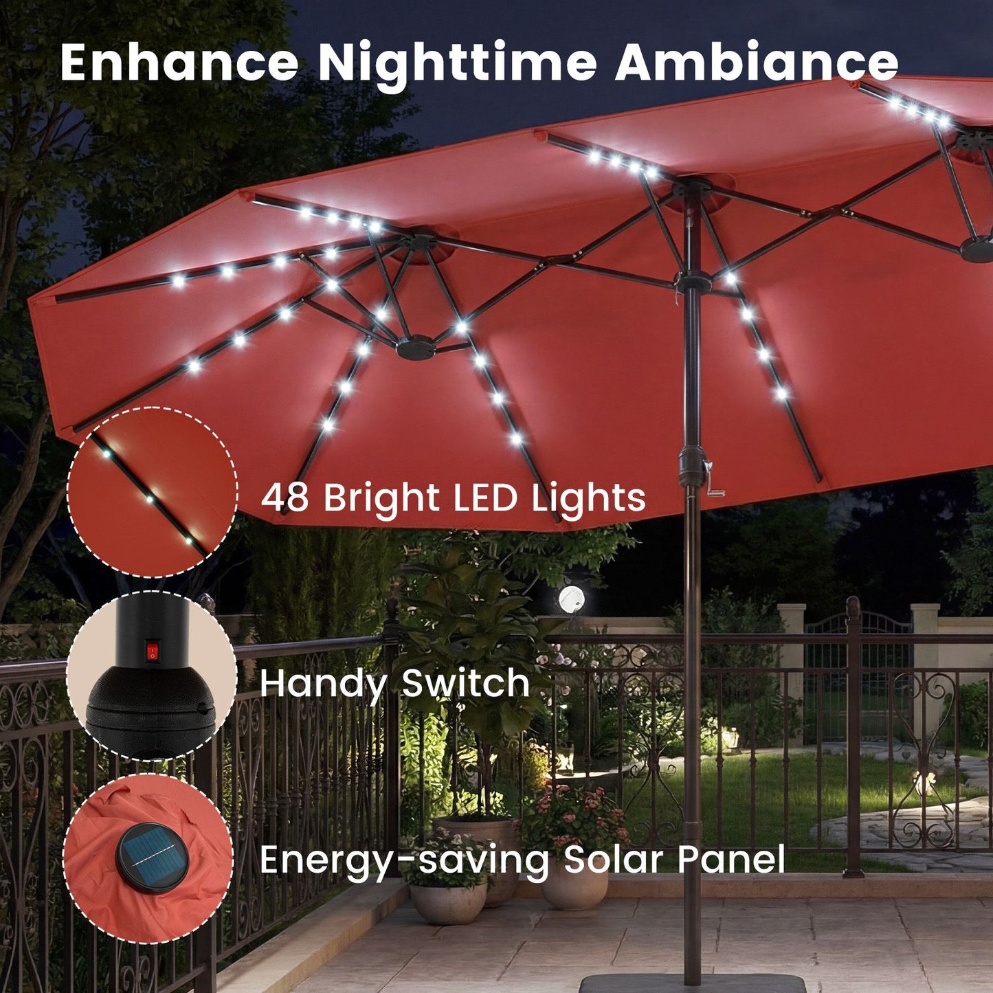 Coast 460 x 285 cm Doppelter Gartenschirm, orange, mit 48 solarbetriebenen LEDs – Extra großer Sonnenschirm mit selbstaufladendem Solarpanel