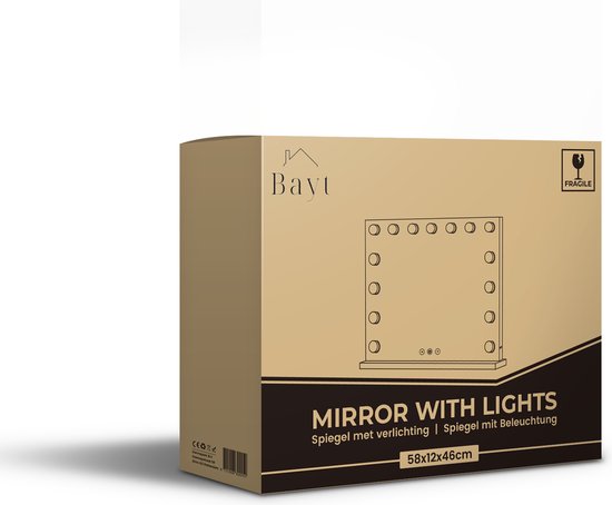 Bayt Hollywood Spiegel mit Beleuchtung - Make-up Spiegel mit Beleuchtung - Spiegel mit Beleuchtung - dimmbar - 10x Vergrößerung - 58x46cm - Weiß