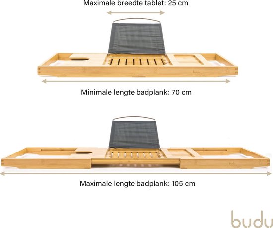 Budu Badebrett Bambus - Badebrett für die Badewanne - Verstellbares Badregal - Badebrett aus Holz - Badregal - Badebrett Holz - 70-105 cm