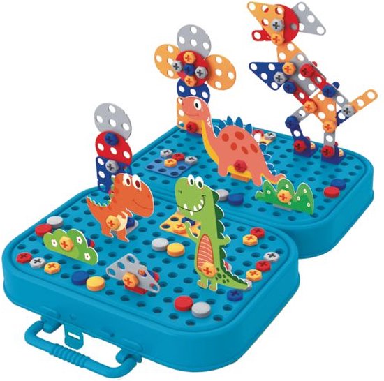 Eddy Toys Bausatz mit Baukasten inkl. Spielzeugbohrmaschine – Konstruktionsspielzeug mit 298 Teilen – Dinosaurier-Spielzeug – Montessori-Spielzeug zum Einstecken – Lernspielzeug