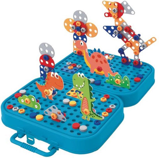Eddy Toys Bausatz mit Baukasten inkl. Spielzeugbohrmaschine – Konstruktionsspielzeug mit 298 Teilen – Dinosaurier-Spielzeug – Montessori-Spielzeug zum Einstecken – Lernspielzeug
