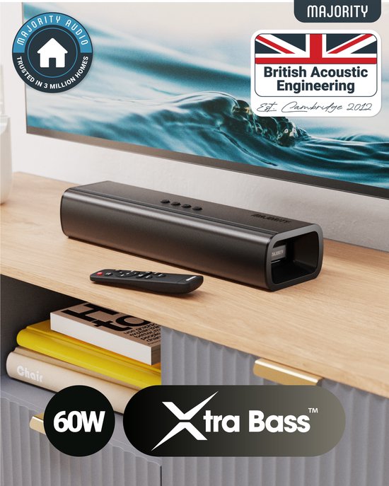 Majority Naga 40 Soundbar für TV - Inklusive Soundbar-Halterung - Mit eingebautem Subwoofer - Bluetooth 5.0, HDMI ARC, optischer und AUX-Anschluss - 2.1 Surround Sound - Fernbedienung - schwarz